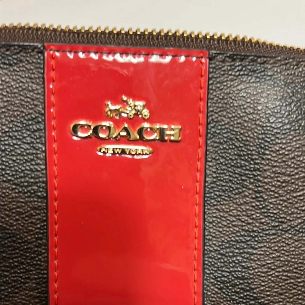 Coach Red Patent Stripe/Brown Corner Zipper Wristlet